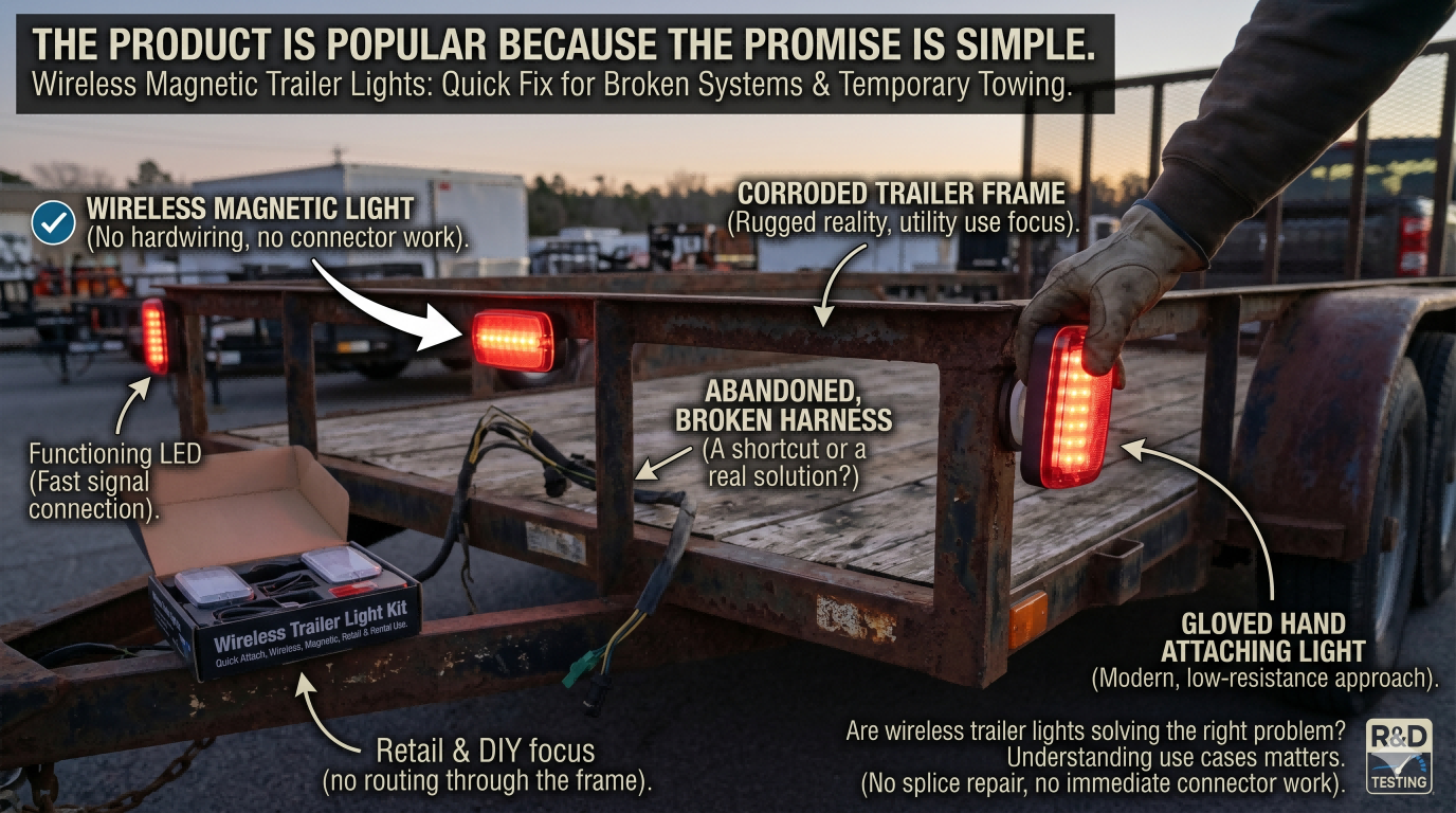 Wireless magnetic trailer lights used on a farm trailer for occasional, borrowed, rented, or temporary towing situations